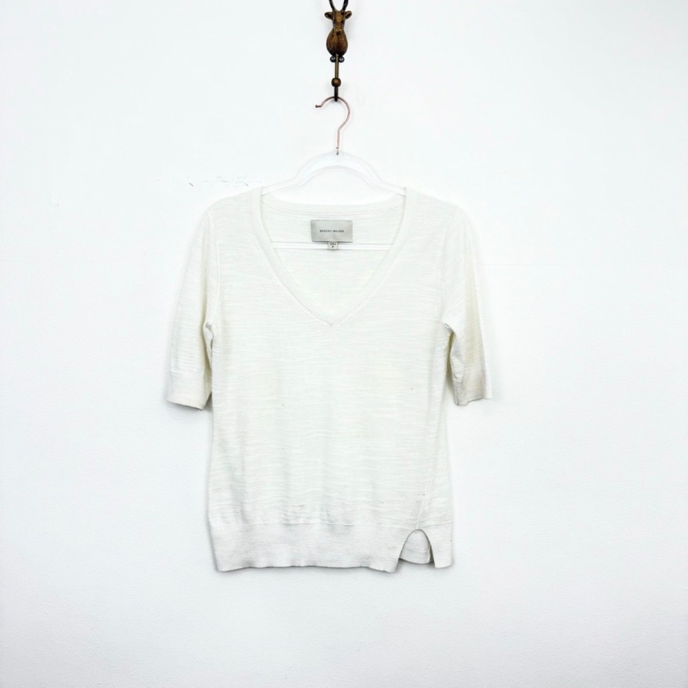 Brochu Walker Cotton Linen V-Neck Sweater Top Ivory XS